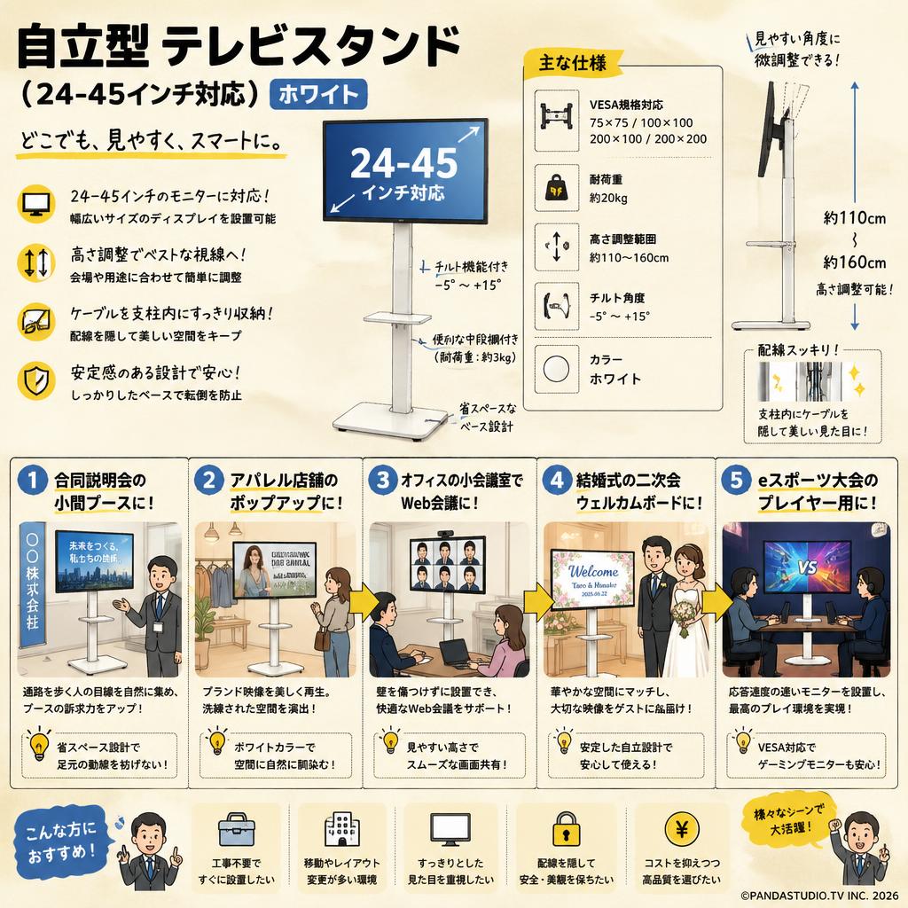 自立型 テレビスタンド（24-45インチ対応） ホワイト 用途