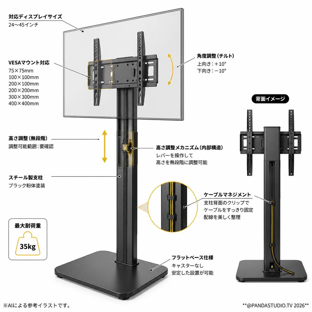 自立型 テレビスタンド（24-45インチ対応） ブラック スペック