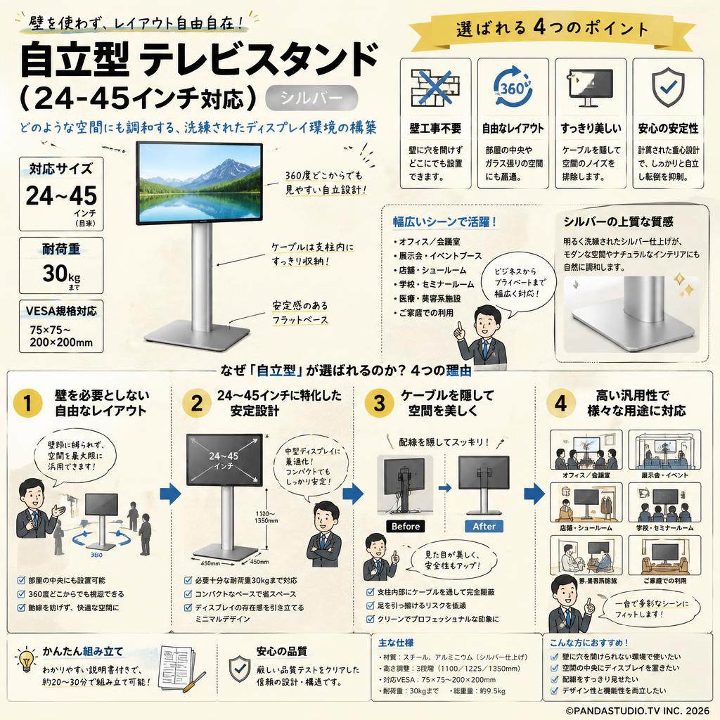 自立型 テレビスタンド（24-45インチ対応） シルバー 概要