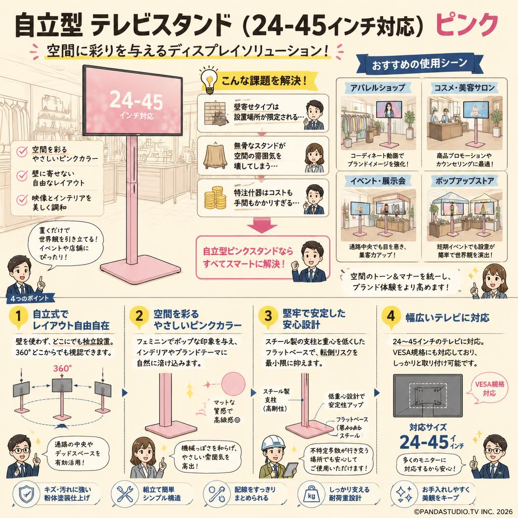 自立型 テレビスタンド（24-45インチ対応） ピンク 概要