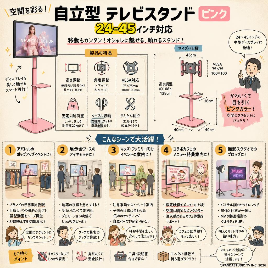 自立型 テレビスタンド（24-45インチ対応） ピンク 用途