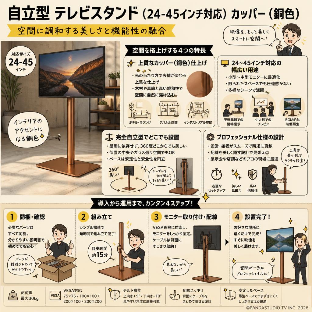 自立型 テレビスタンド（24-45インチ対応） カッパー（銅色） 概要