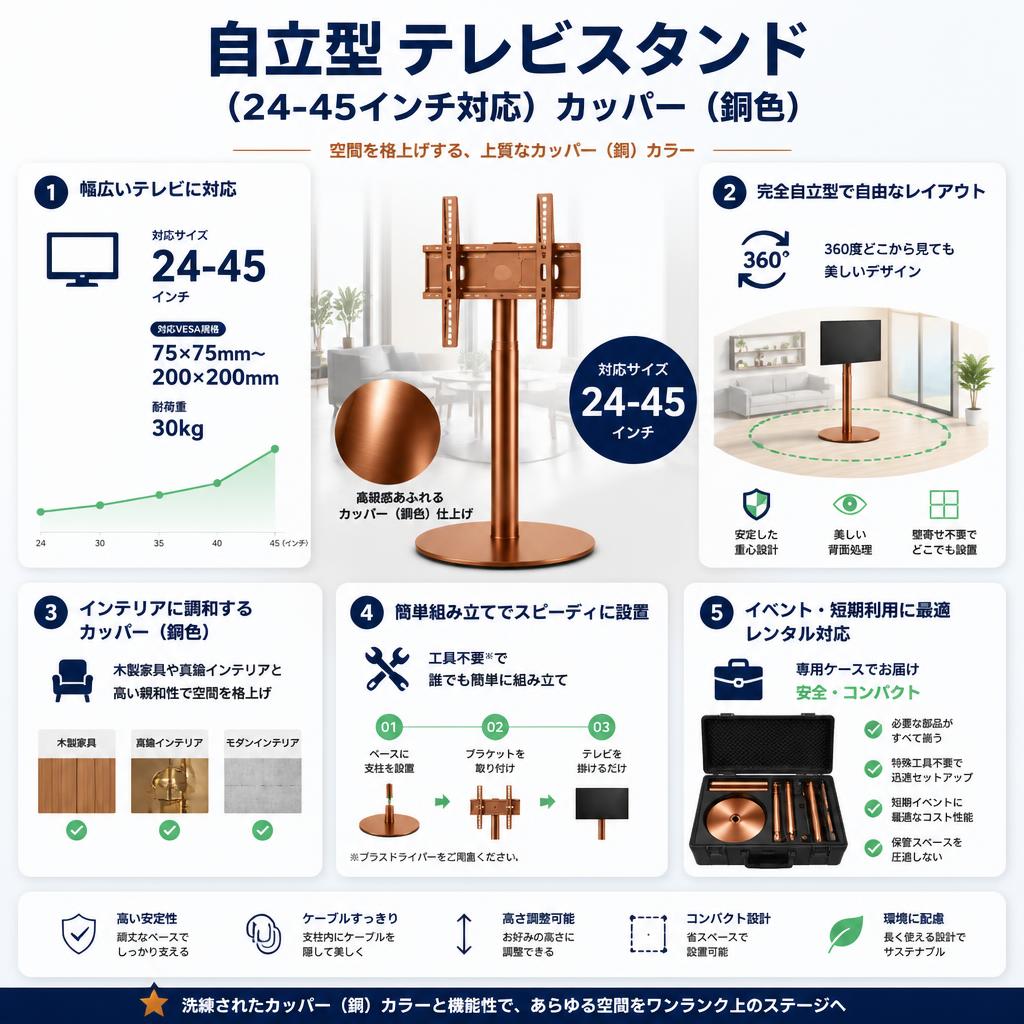 自立型 テレビスタンド（24-45インチ対応） カッパー（銅色） セールスポイント