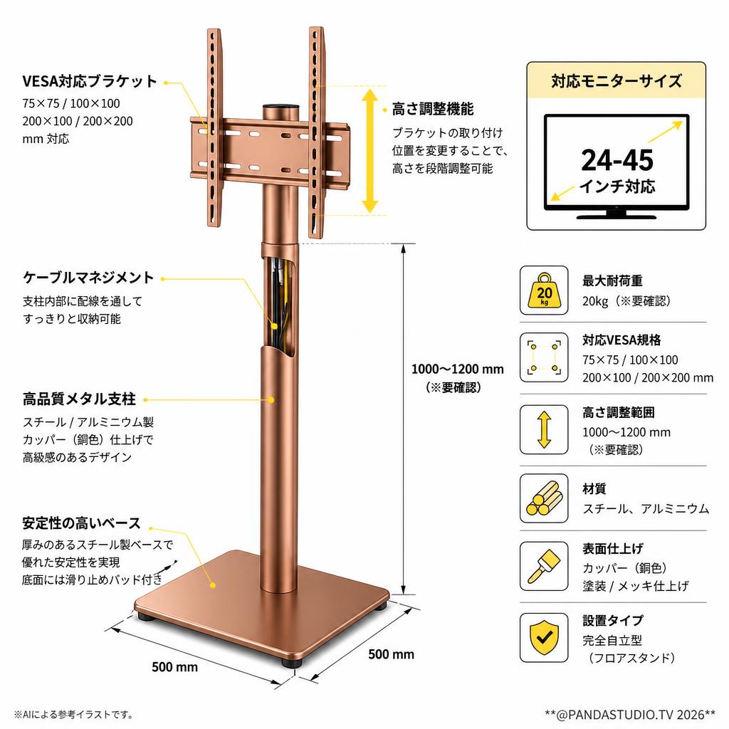 自立型 テレビスタンド（24-45インチ対応） カッパー（銅色） スペック