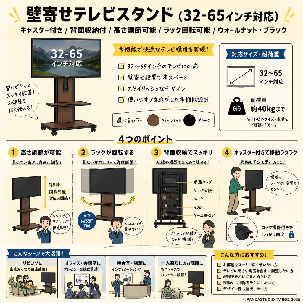 壁寄せテレビスタンド（32-65インチ対応）キャスター付き 背面収納付 高さ調節可能 ラック回転可能 ワールナット ブラック 概要