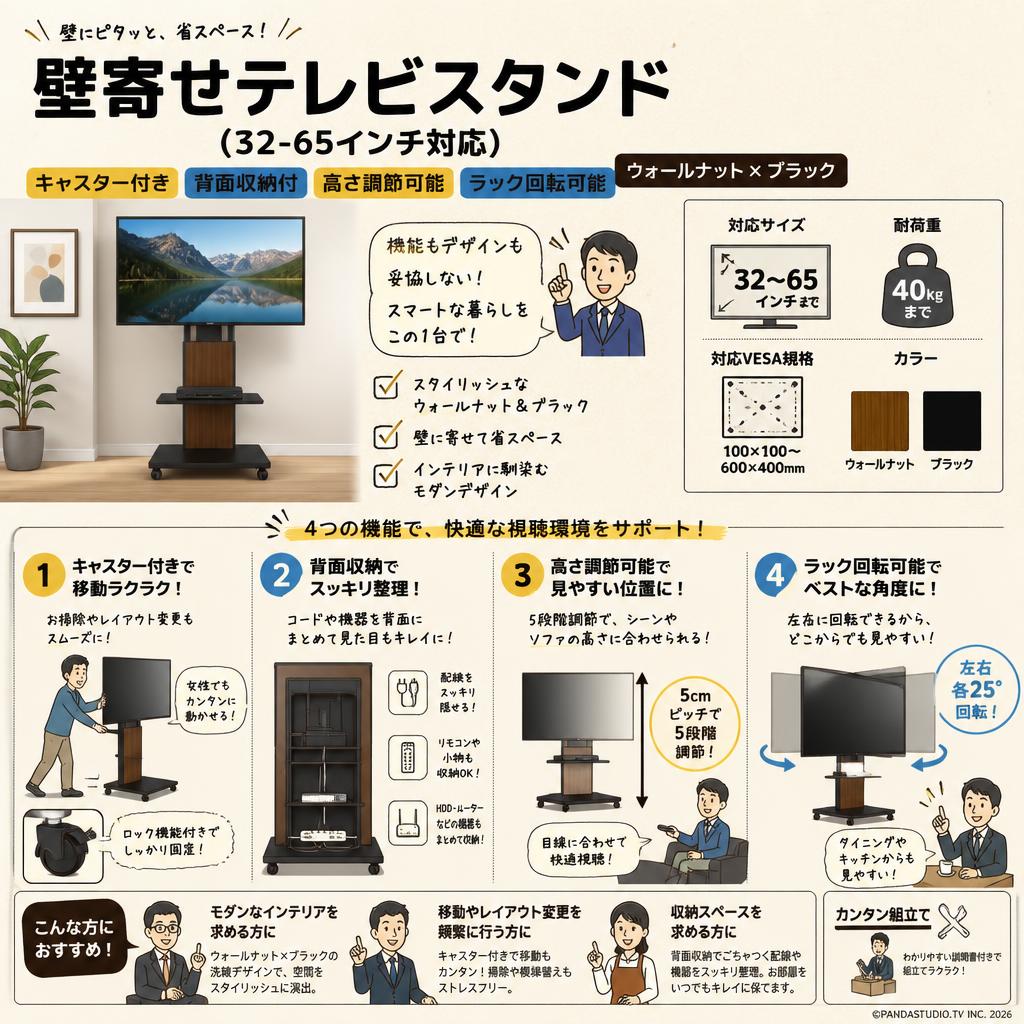 壁寄せテレビスタンド（32-65インチ対応）キャスター付き 背面収納付 高さ調節可能 ラック回転可能 ワールナット ブラック おもな対象のお客様