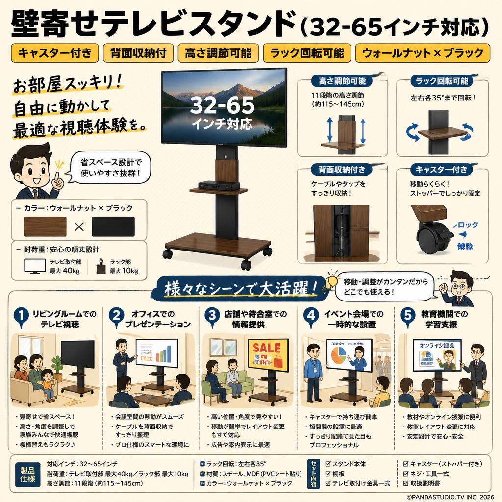 壁寄せテレビスタンド（32-65インチ対応）キャスター付き 背面収納付 高さ調節可能 ラック回転可能 ワールナット ブラック 用途