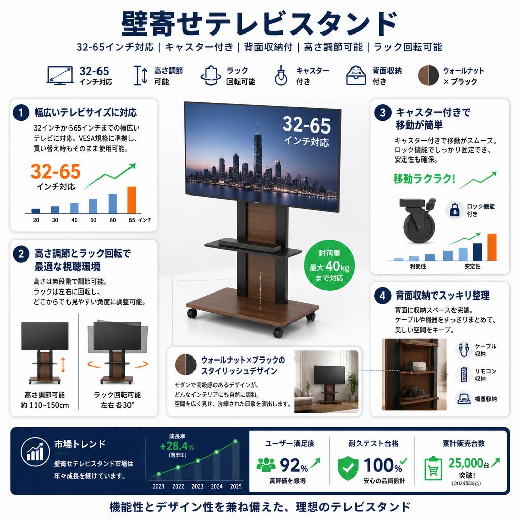 壁寄せテレビスタンド（32-65インチ対応）キャスター付き 背面収納付 高さ調節可能 ラック回転可能 ワールナット ブラック セールスポイント