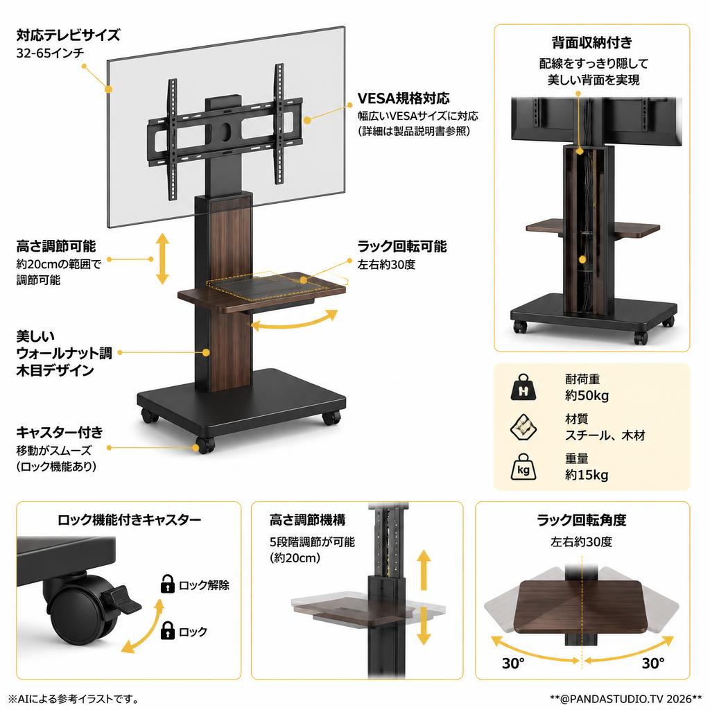 壁寄せテレビスタンド（32-65インチ対応）キャスター付き 背面収納付 高さ調節可能 ラック回転可能 ワールナット ブラック スペック