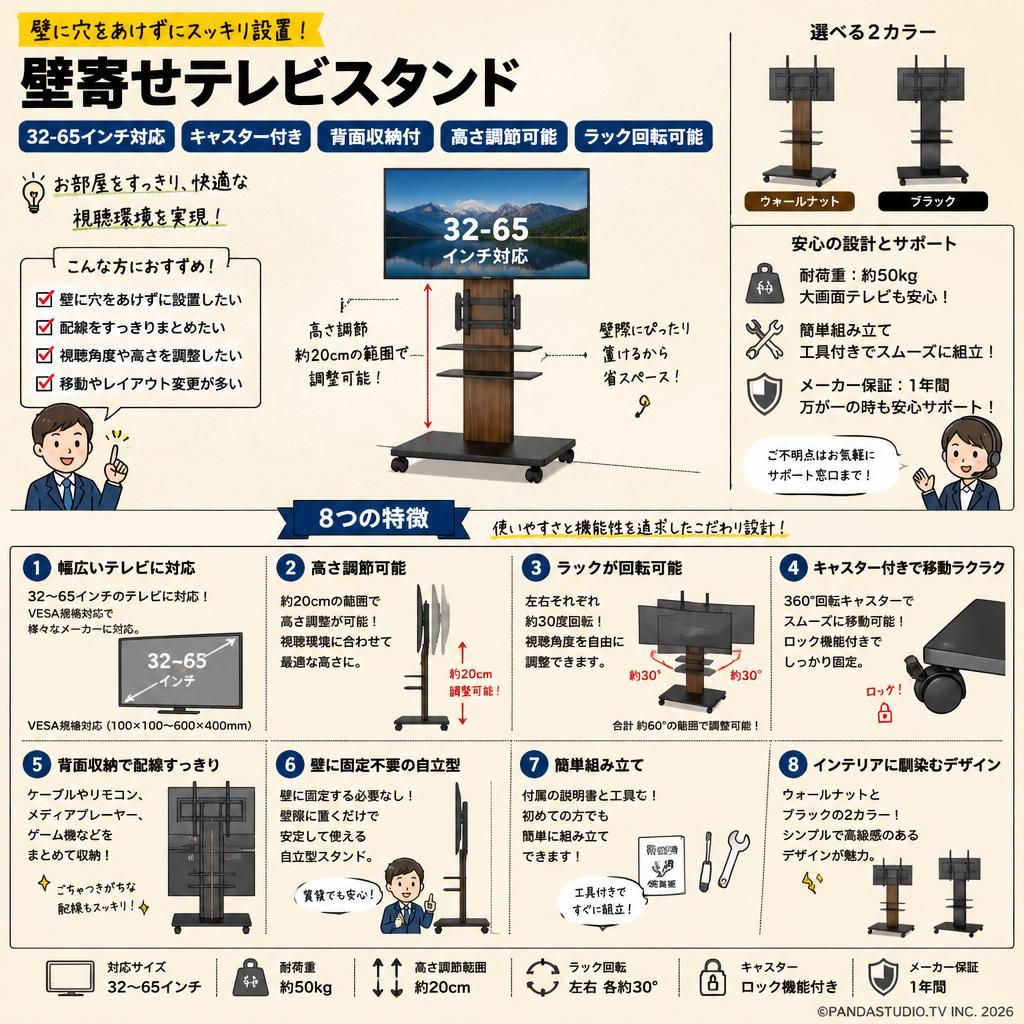 壁寄せテレビスタンド（32-65インチ対応）キャスター付き 背面収納付 高さ調節可能 ラック回転可能 ワールナット ブラック FAQ（よくある質問と答え）