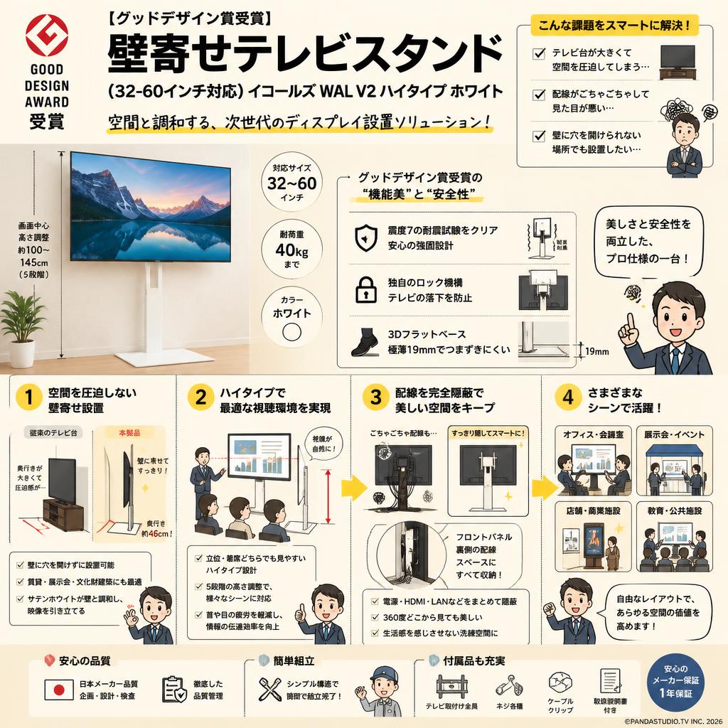 【グッドデザイン賞受賞】壁寄せテレビスタンド（32-60インチ対応）イコールズ WAL V2 ハイタイプ ホワイト 概要