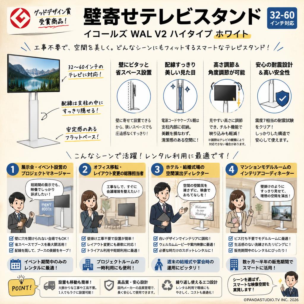 【グッドデザイン賞受賞】壁寄せテレビスタンド（32-60インチ対応）イコールズ WAL V2 ハイタイプ ホワイト おもな対象のお客様