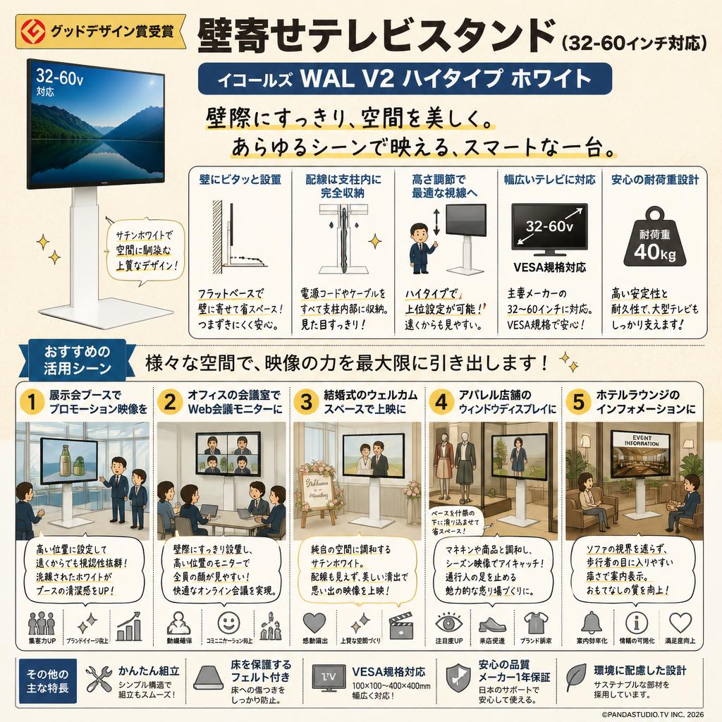 【グッドデザイン賞受賞】壁寄せテレビスタンド（32-60インチ対応）イコールズ WAL V2 ハイタイプ ホワイト 用途