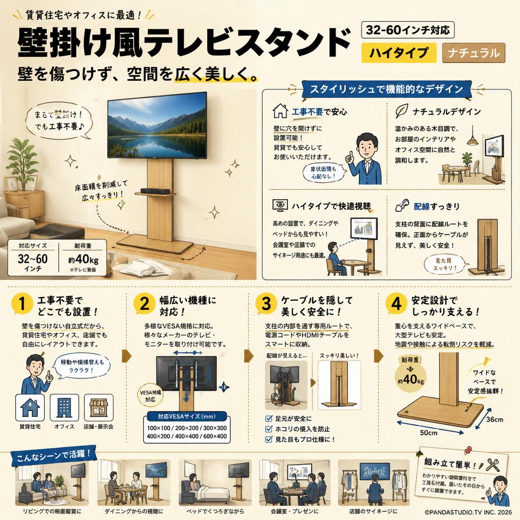 壁掛け風テレビスタンド（32-60インチ対応）ハイタイプ ナチュラル 概要