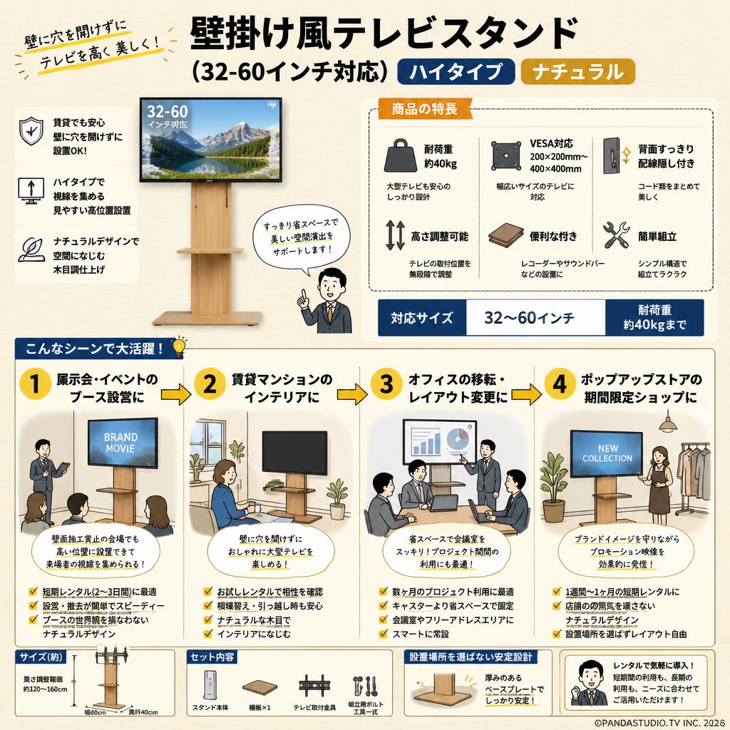 壁掛け風テレビスタンド（32-60インチ対応）ハイタイプ ナチュラル おもな対象のお客様