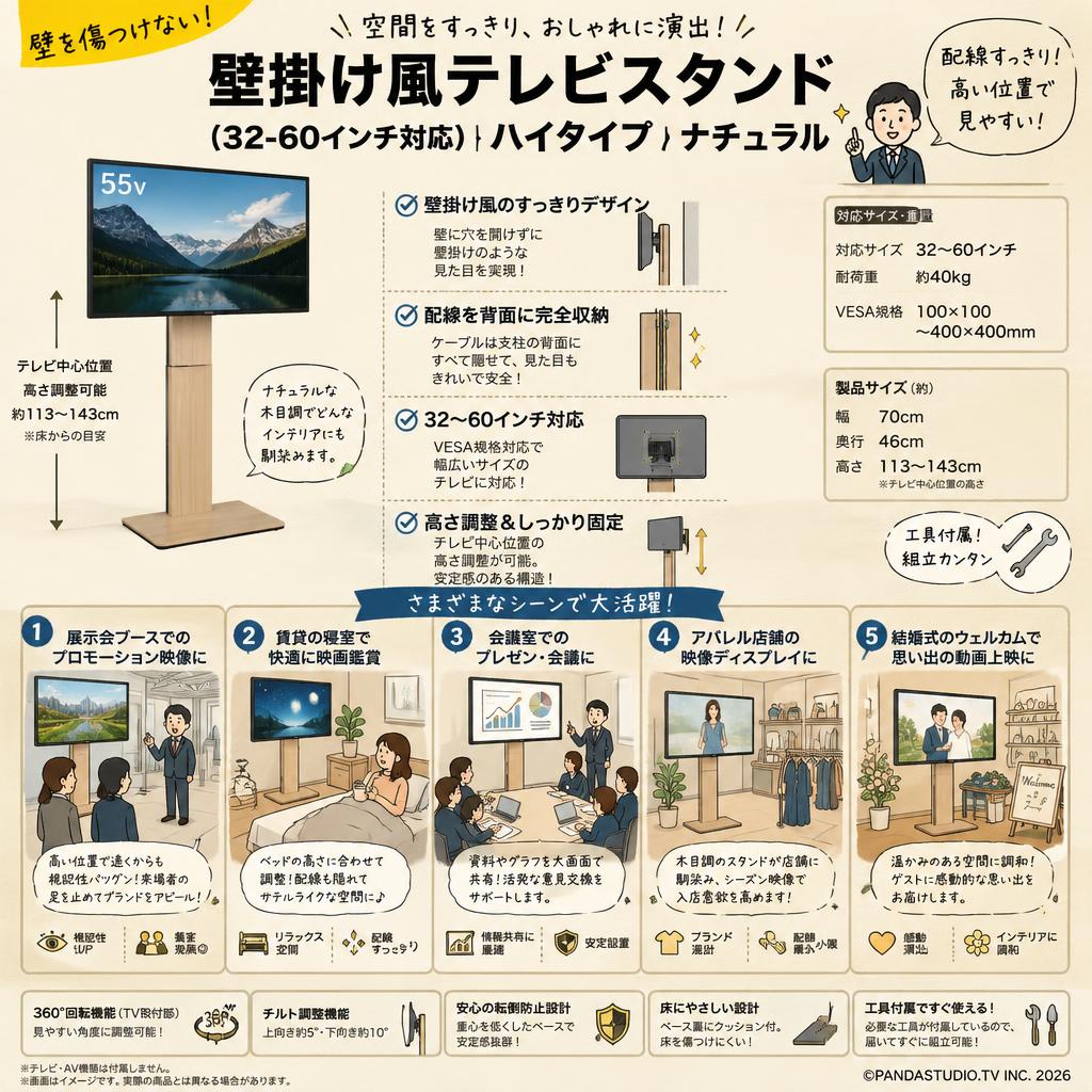 壁掛け風テレビスタンド（32-60インチ対応）ハイタイプ ナチュラル 用途