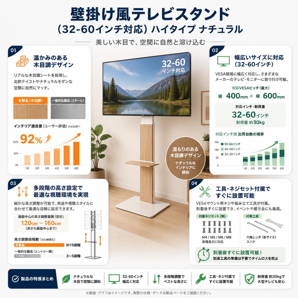 壁掛け風テレビスタンド（32-60インチ対応）ハイタイプ ナチュラル セールスポイント