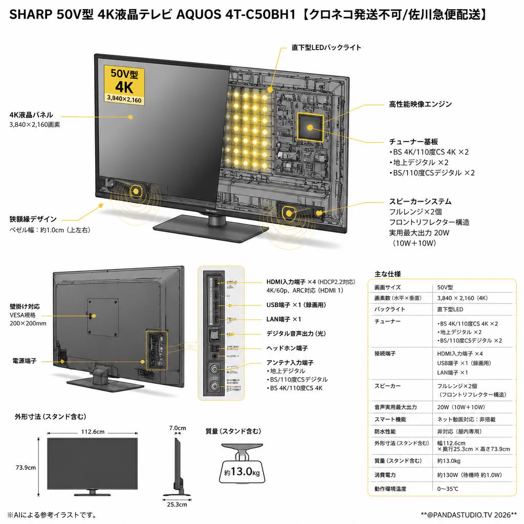 SHARP 50V型 4K液晶テレビ AQUOS 4T-C50BH1【クロネコ発送不可/佐川急便配送】 スペック