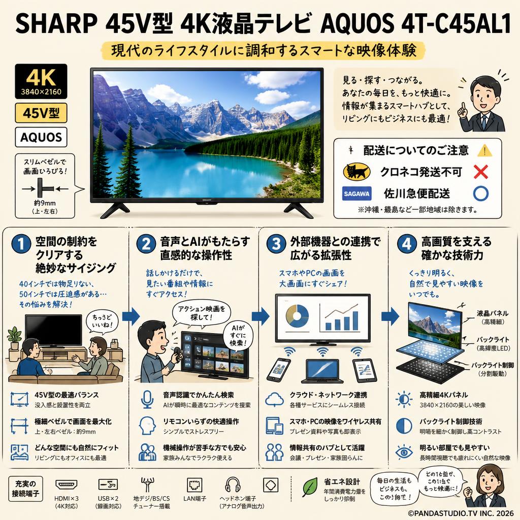 SHARP 45V型 4K液晶テレビ AQUOS 4T-C45AL1【クロネコ発送不可/佐川急便配送】 概要
