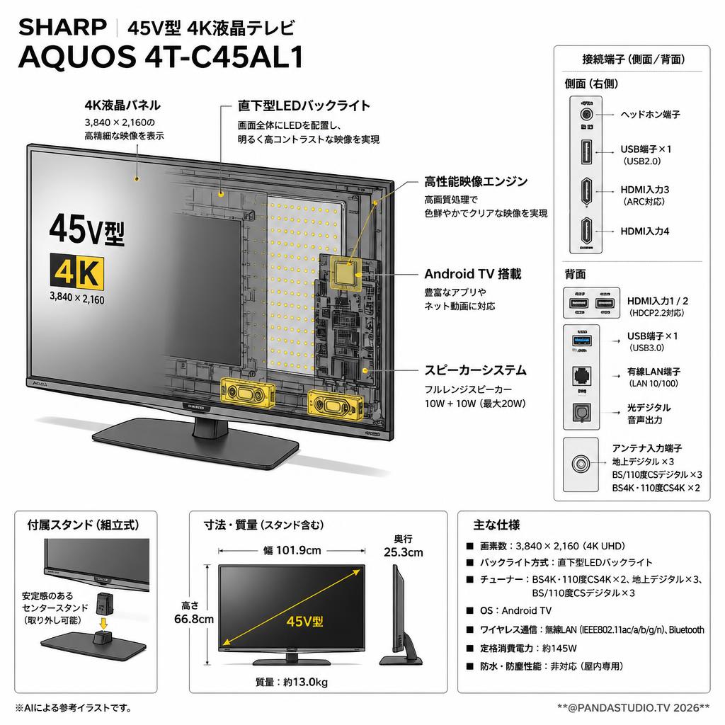 SHARP 45V型 4K液晶テレビ AQUOS 4T-C45AL1【クロネコ発送不可/佐川急便配送】 スペック