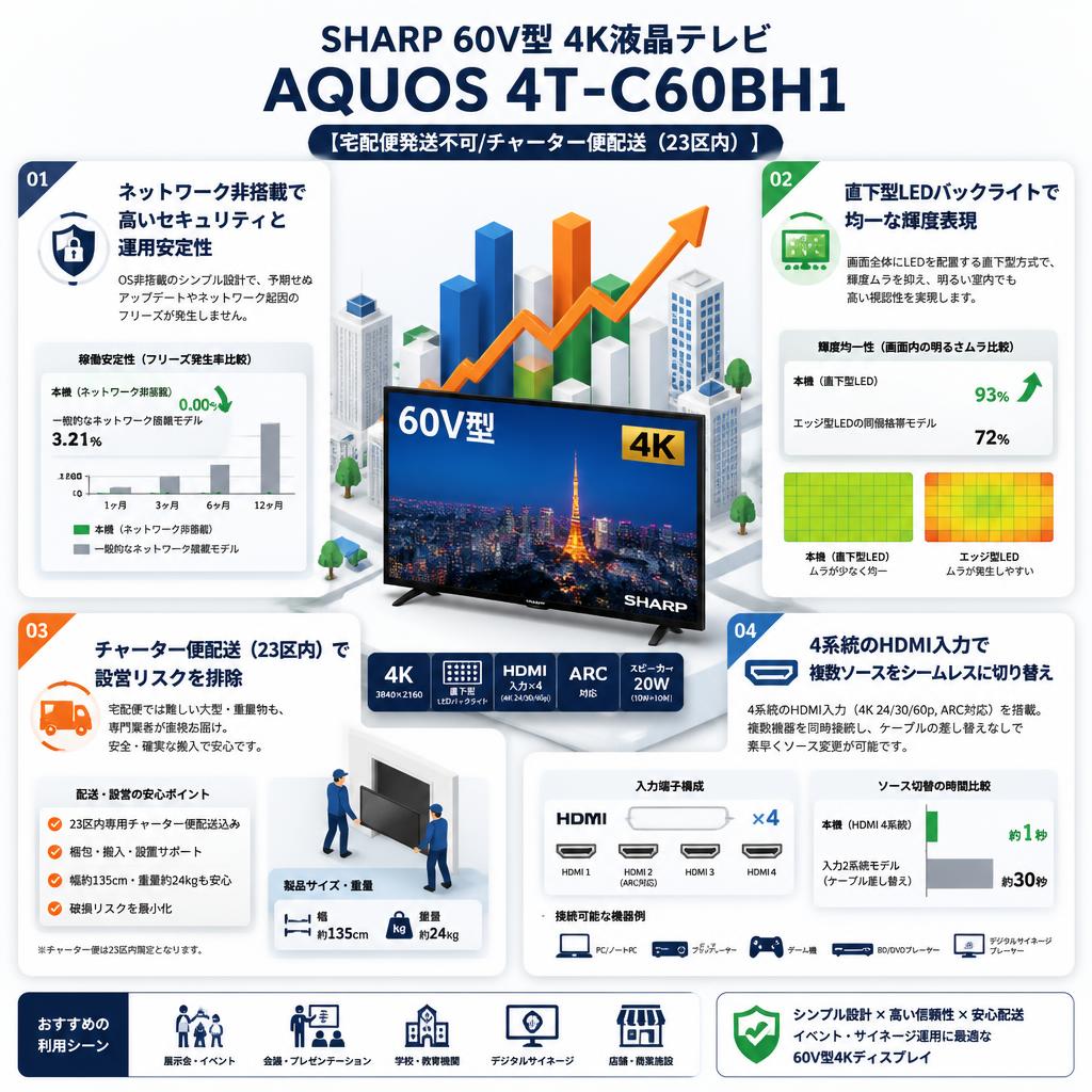 SHARP 60V型 4K液晶テレビ AQUOS 4T-C60BH1【宅配便発送不可/チャーター便配送（23区内）】 セールスポイント