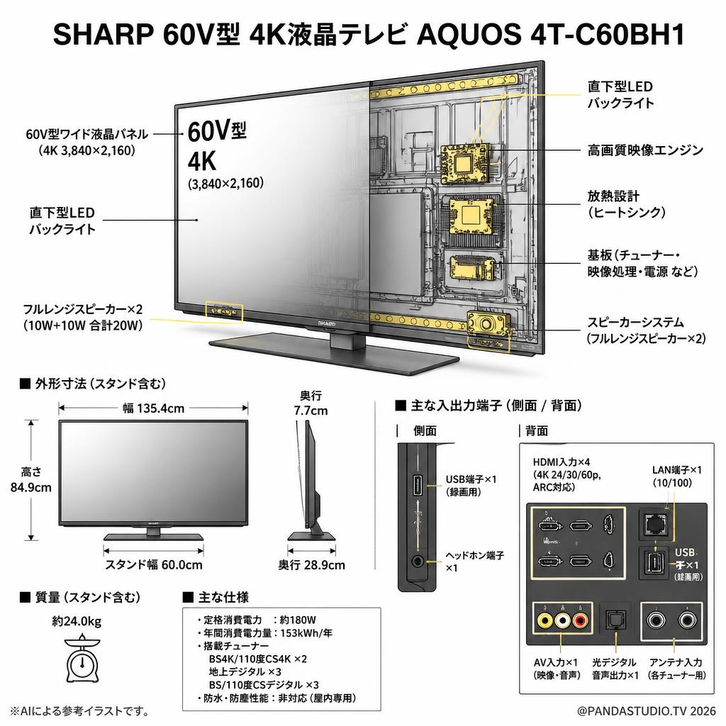 SHARP 60V型 4K液晶テレビ AQUOS 4T-C60BH1【宅配便発送不可/チャーター便配送（23区内）】 スペック