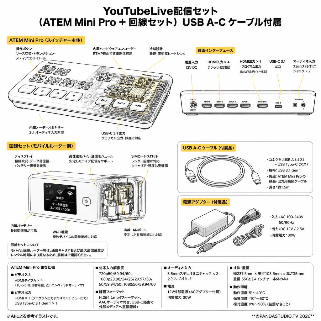 YouTubeLive配信セット(ATEM Mini Pro ＋ 回線セット）USB A-C ケーブル付属 スペック