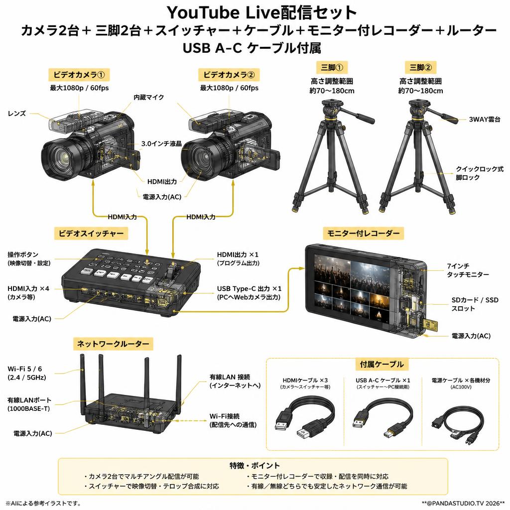 Youtube Live配信セット(カメラ2台＋三脚2台＋スイッチャー＋ケーブル＋モニター付レコーダー＋ルーター）USB A-C ケーブル付属 スペック