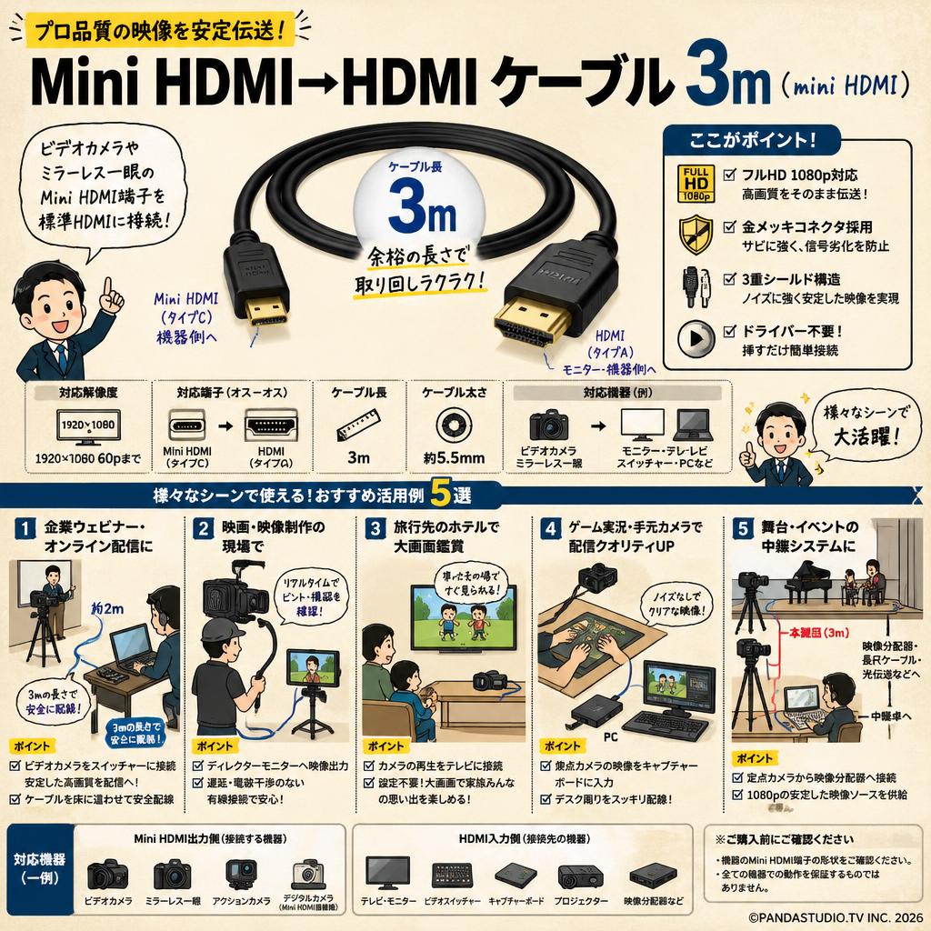 Mini HDMI→HDMI ケーブル 3m（mini HDMI) 用途