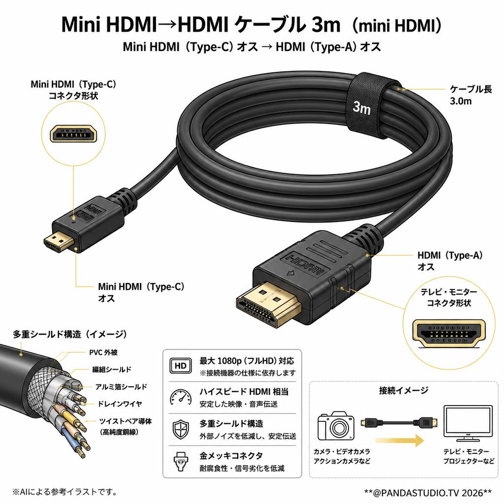 Mini HDMI→HDMI ケーブル 3m（mini HDMI) スペック