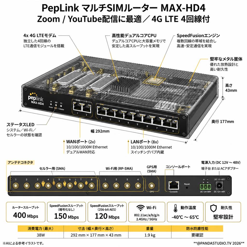 PepLink マルチSIMルーター MAX-HD4／Zoom Youtube配信に最適／4G LTE 4回線付 スペック