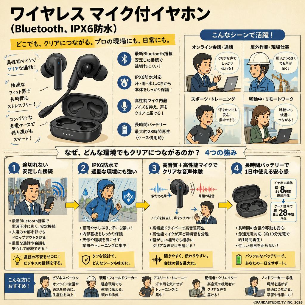 ワイヤレス マイク付イヤホン（Bluetooth、IPX6防水） 概要