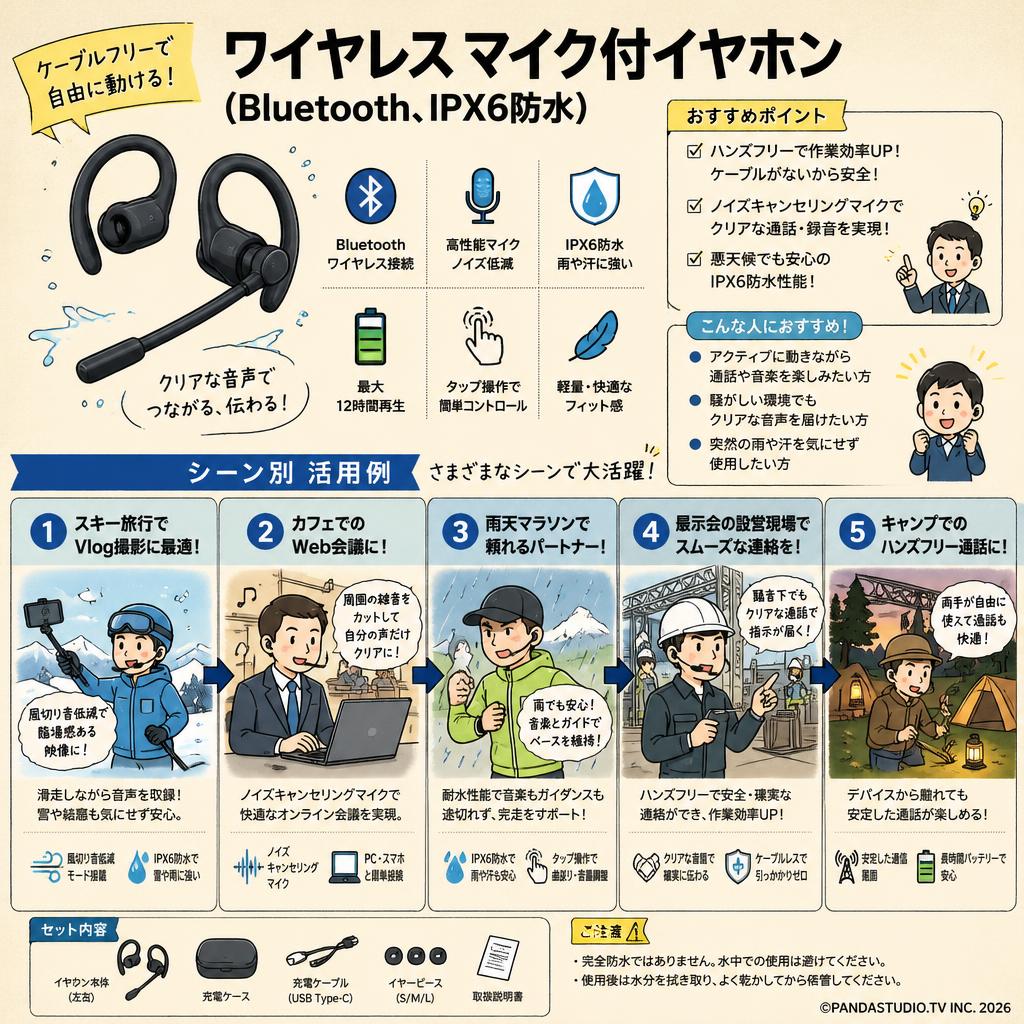 ワイヤレス マイク付イヤホン（Bluetooth、IPX6防水） 用途