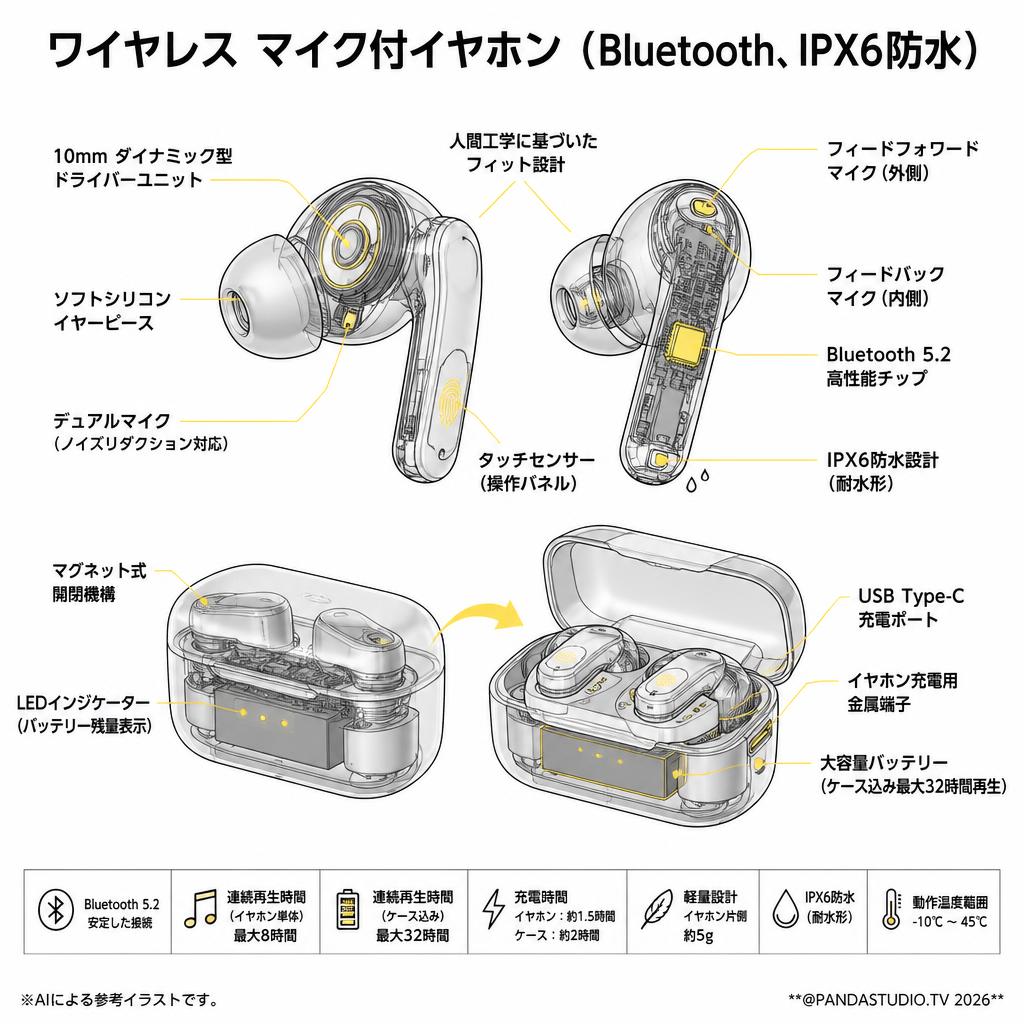 ワイヤレス マイク付イヤホン（Bluetooth、IPX6防水） スペック