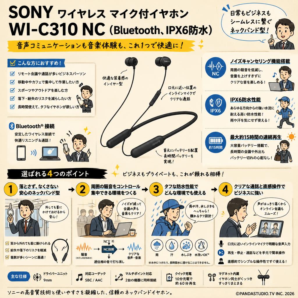SONY ワイヤレス マイク付イヤホン WI-C310 NC（Bluetooth、IPX6防水） 概要