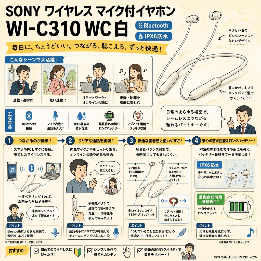 SONY ワイヤレス マイク付イヤホン WI-C310 WC 白（Bluetooth、IPX6防水） 概要
