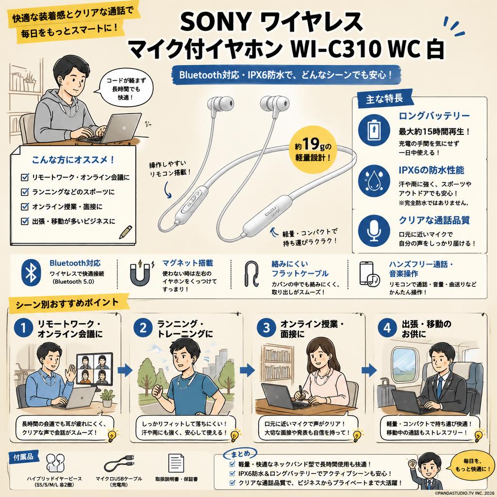 SONY ワイヤレス マイク付イヤホン WI-C310 WC 白（Bluetooth、IPX6防水） おもな対象のお客様