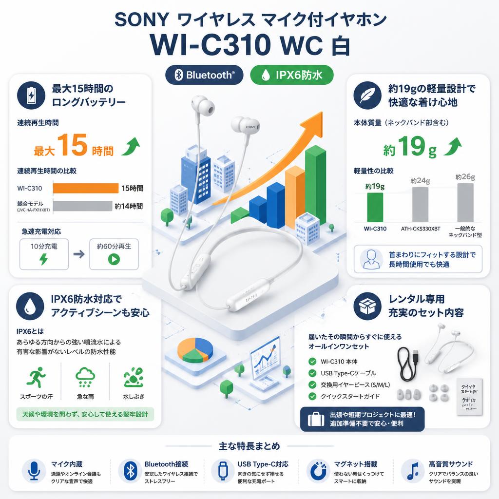 SONY ワイヤレス マイク付イヤホン WI-C310 WC 白（Bluetooth、IPX6防水） セールスポイント