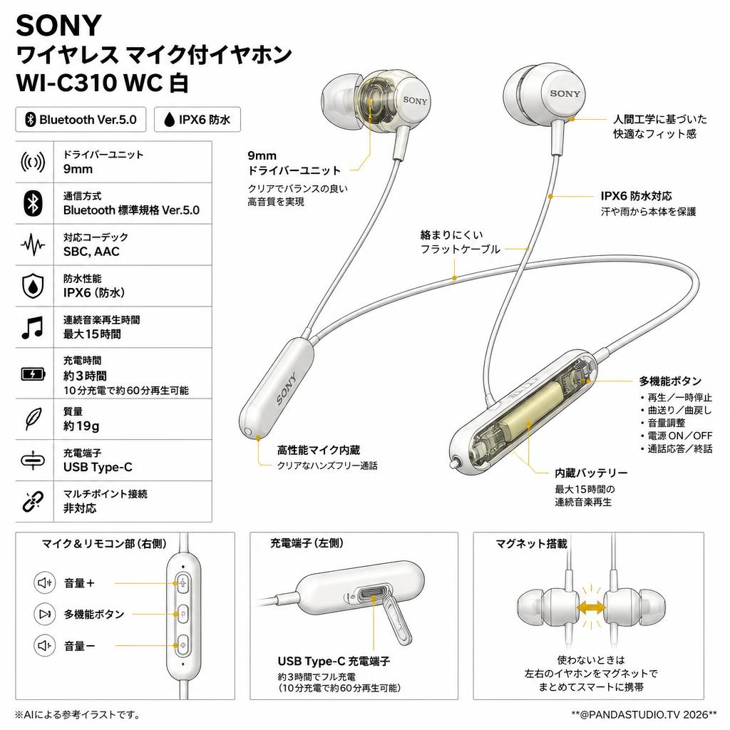 SONY ワイヤレス マイク付イヤホン WI-C310 WC 白（Bluetooth、IPX6防水） スペック