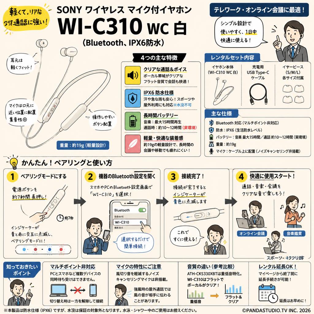 SONY ワイヤレス マイク付イヤホン WI-C310 WC 白（Bluetooth、IPX6防水） FAQ（よくある質問と答え）