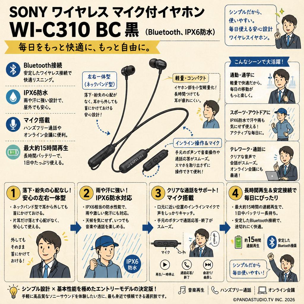 SONY ワイヤレス マイク付イヤホン WI-C310 BC 黒（Bluetooth、IPX6防水） 概要