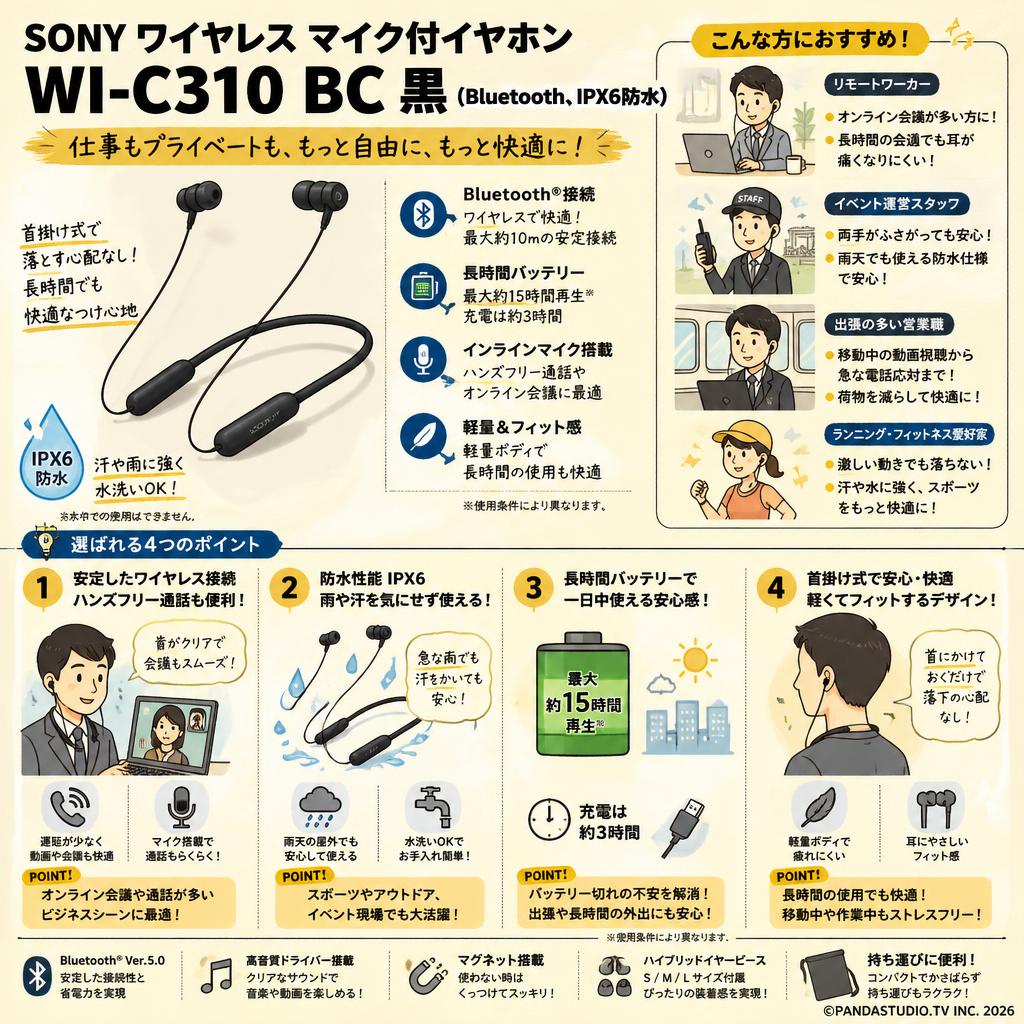 SONY ワイヤレス マイク付イヤホン WI-C310 BC 黒（Bluetooth、IPX6防水） おもな対象のお客様
