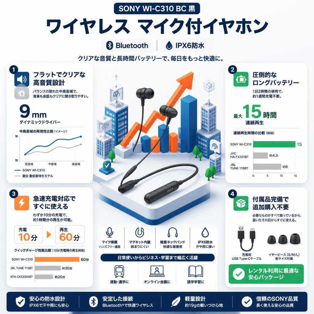 SONY ワイヤレス マイク付イヤホン WI-C310 BC 黒（Bluetooth、IPX6防水） セールスポイント