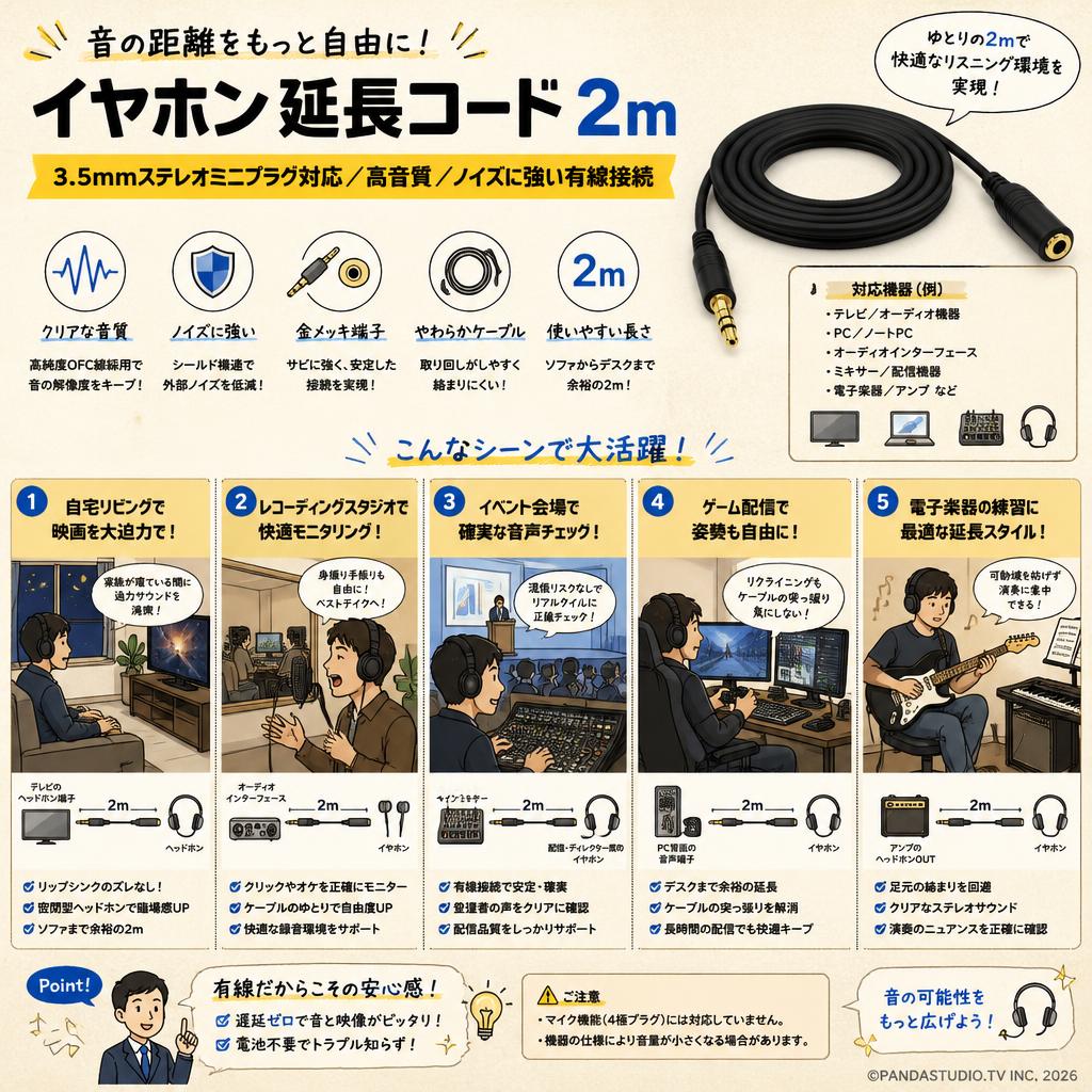 イヤホン 延長コード 2m 用途