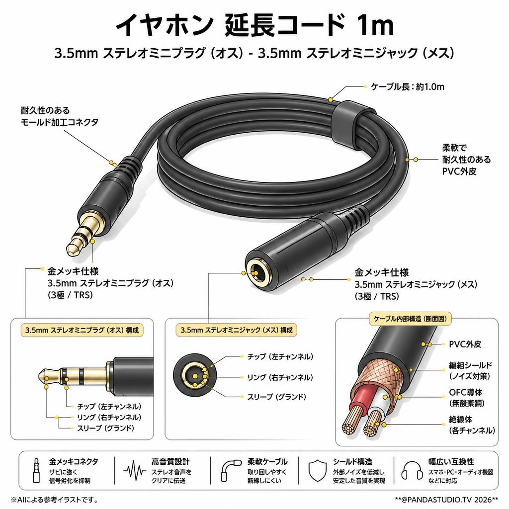 イヤホン 延長コード 1m スペック