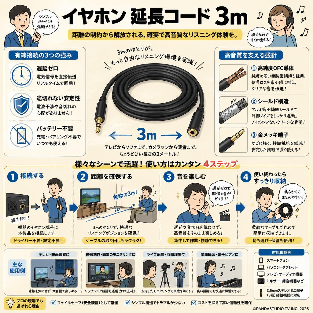 イヤホン 延長コード 3m 概要