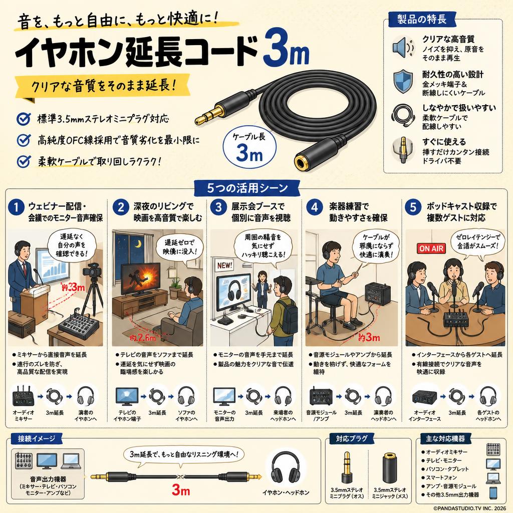 イヤホン 延長コード 3m 用途