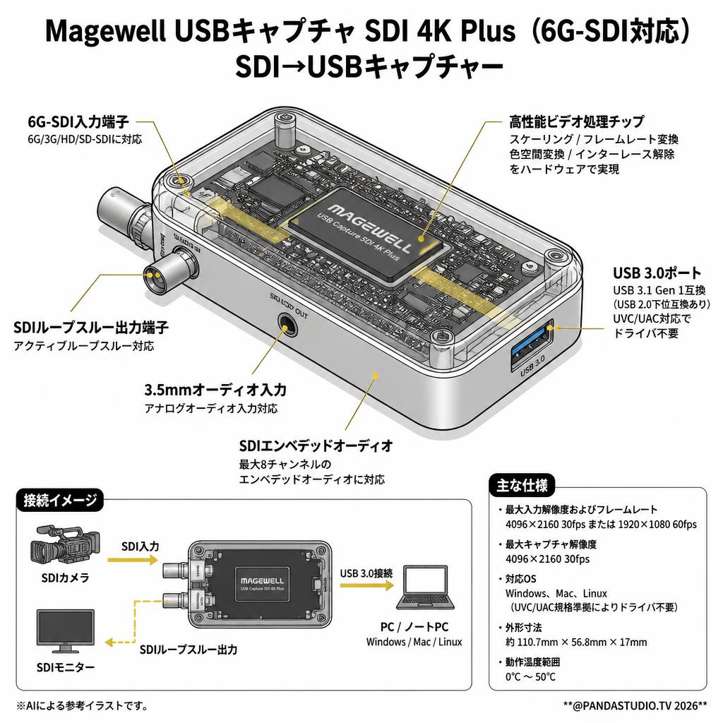 Magewell USBキャプチャ SDI 4K Plus（6G-SDI対応） SDI→USBキャプチャー スペック