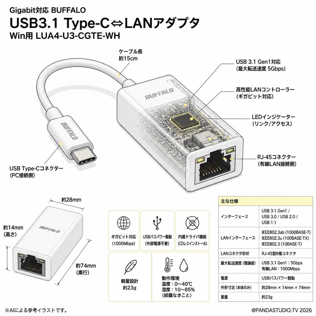 Gigabit対応 BUFFALO USB3.1 Type-C⇔LANアダプタ Win用 LUA4-U3-CGTE-WH スペック