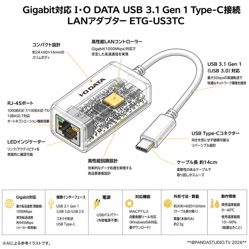 Gigabit対応 I･O DATA USB 3.1 Gen 1 Type-C接続 LANアダプター ETG-US3TC スペック